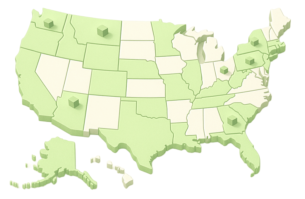 US map highlighting service areas for Green Light Junk Removal with marked locations.
