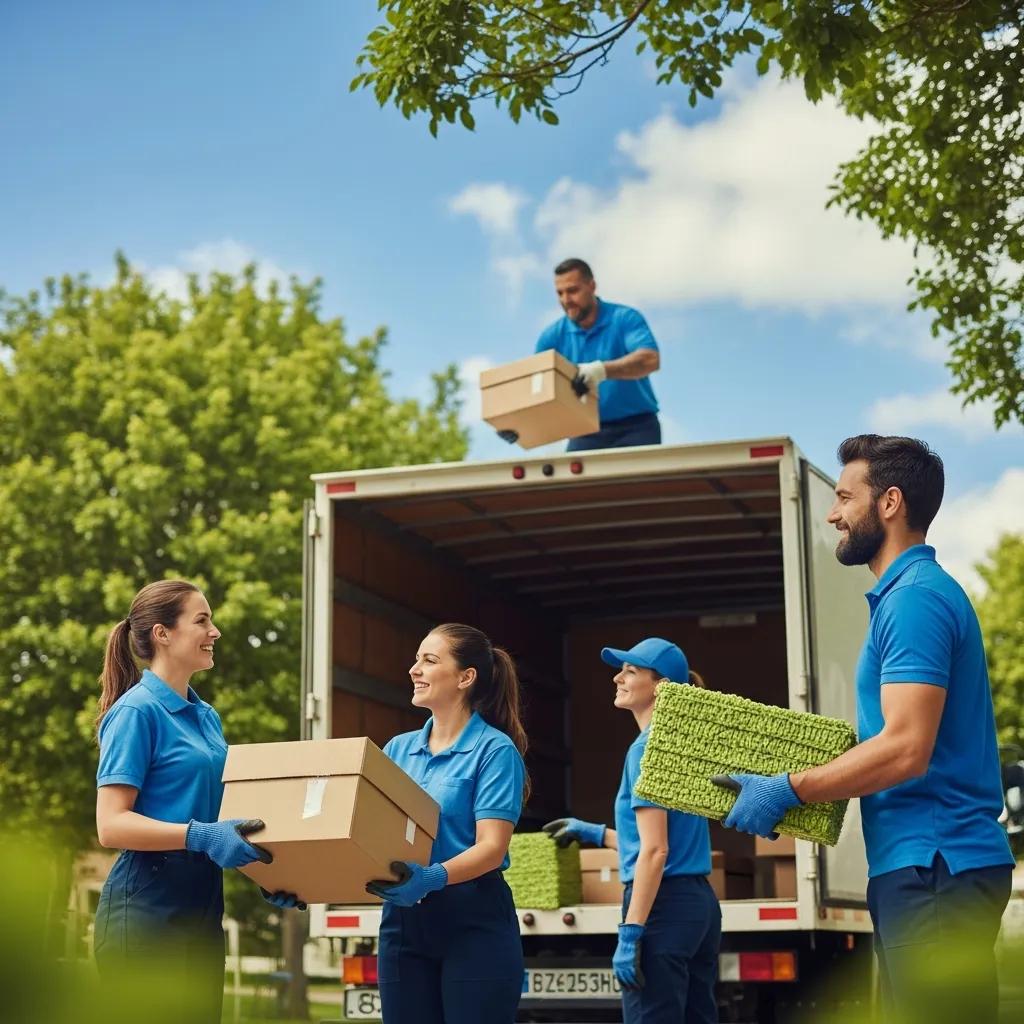 Eco-friendly junk removal team loading materials into a truck in a clean environment