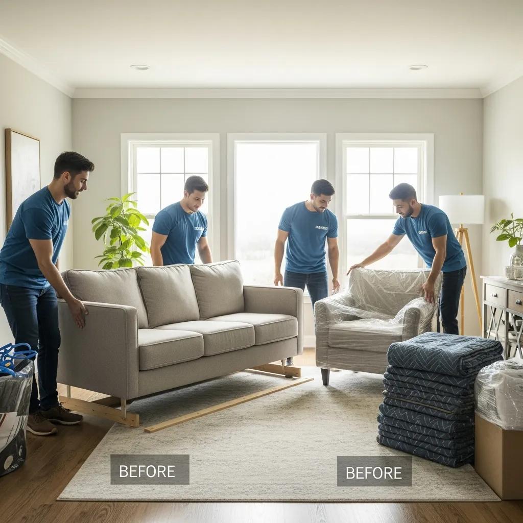 Junk removal team efficiently removing furniture from a bright living room
