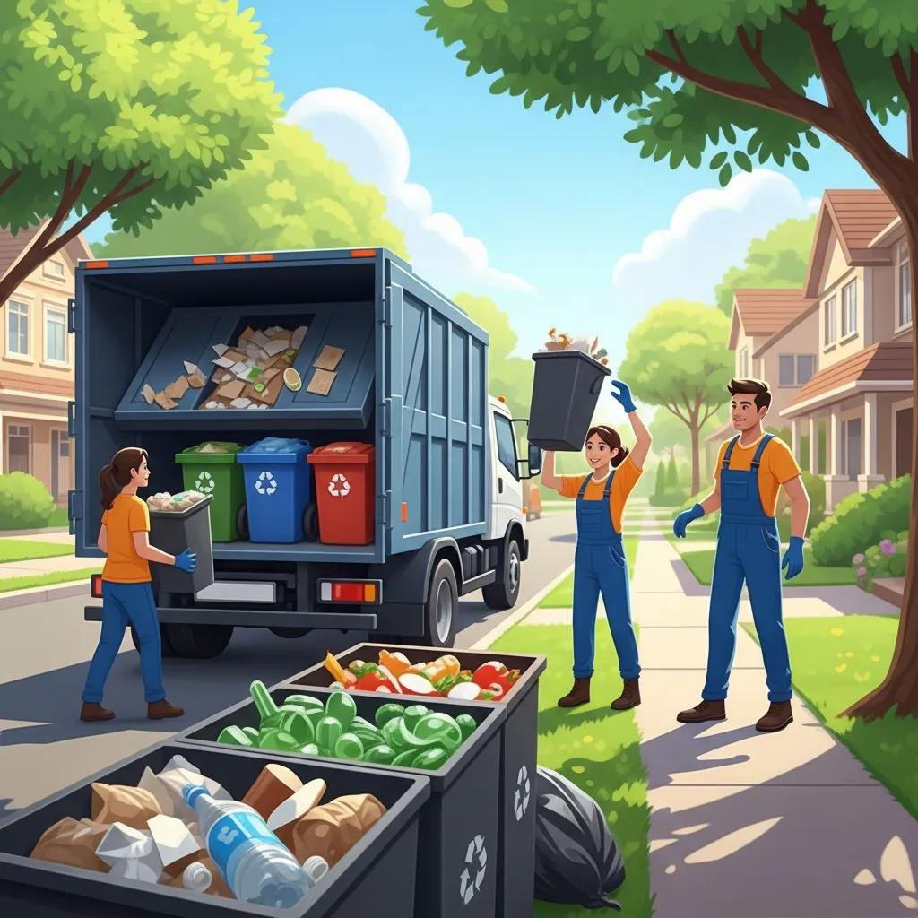 Waste disposal team efficiently managing trash and debris in a clean neighborhood